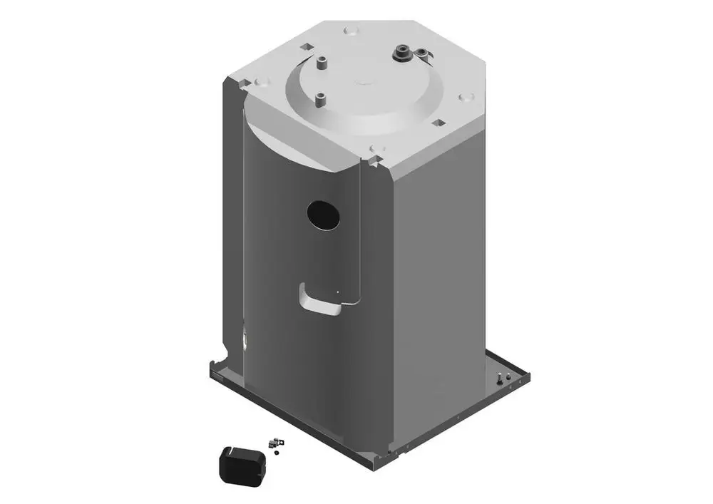 Bosch Behälter in eleganter Form, bestehend aus einer oberen Abdeckung mit mehreren Öffnungen und seitlicher Aussparung, auf einer stabilen Bodenplatte montiert.